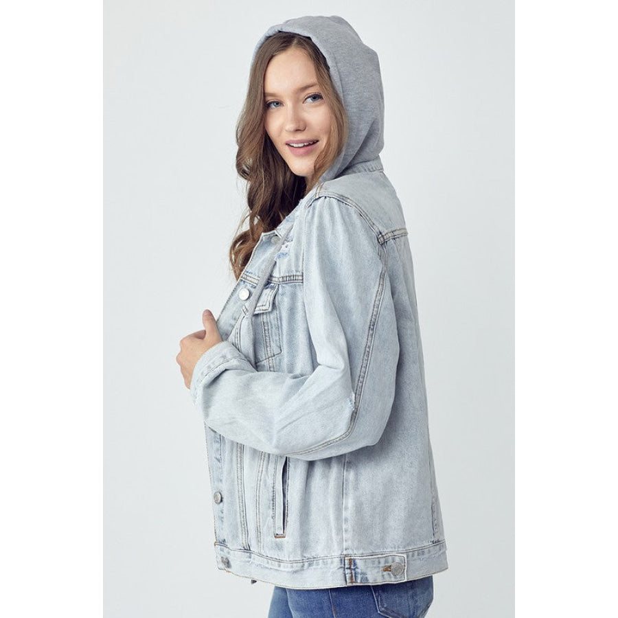 RISEN Full Size Distressed Drawstring Hooded Denim Jacket Apparel and Accessories