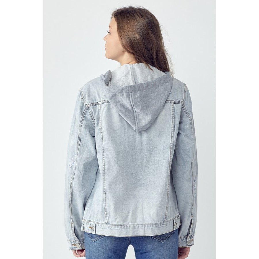 RISEN Full Size Distressed Drawstring Hooded Denim Jacket Light / S Apparel and Accessories