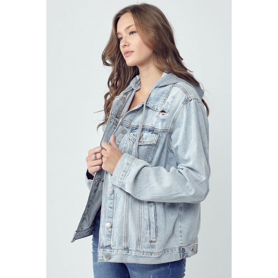 RISEN Full Size Distressed Drawstring Hooded Denim Jacket Apparel and Accessories