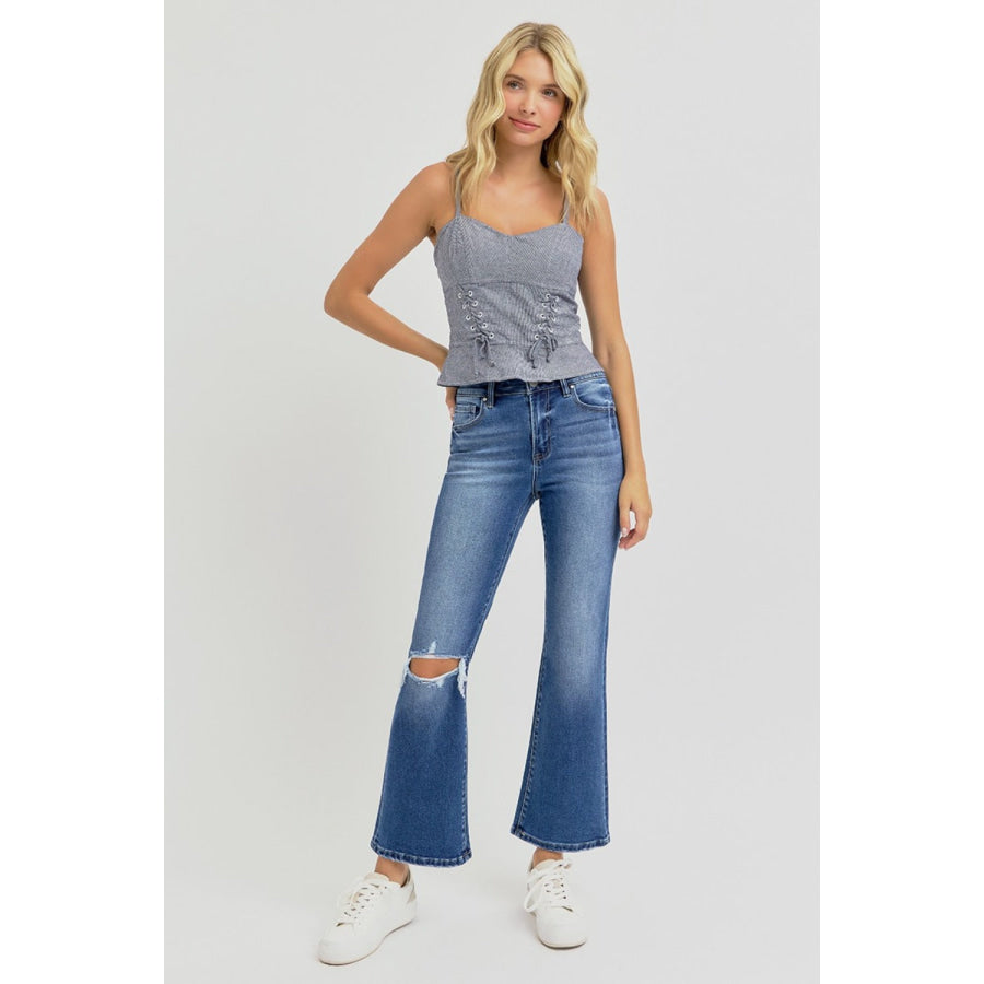 RISEN Full Size Distressed High Rise Crop Flare Jeans Apparel and Accessories