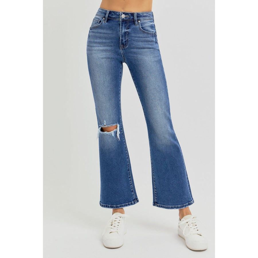 RISEN Full Size Distressed High Rise Crop Flare Jeans Apparel and Accessories