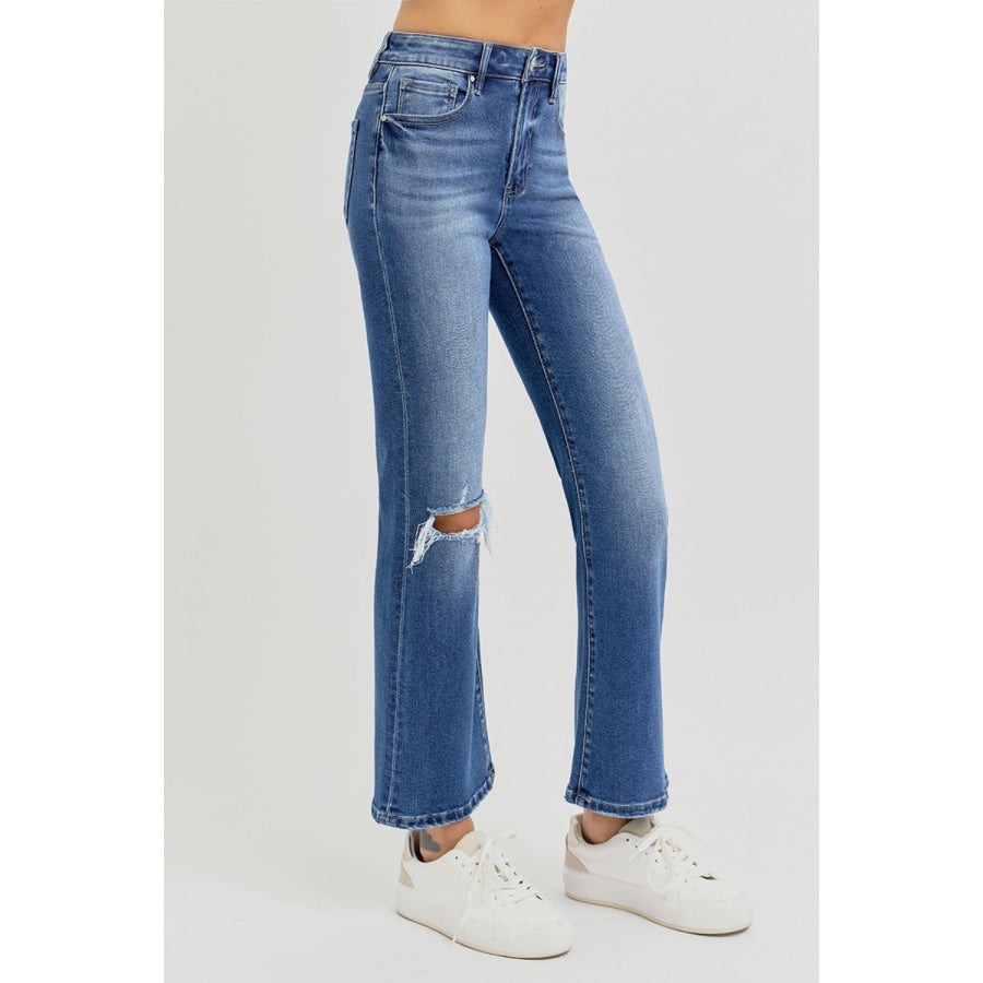 RISEN Full Size Distressed High Rise Crop Flare Jeans Apparel and Accessories