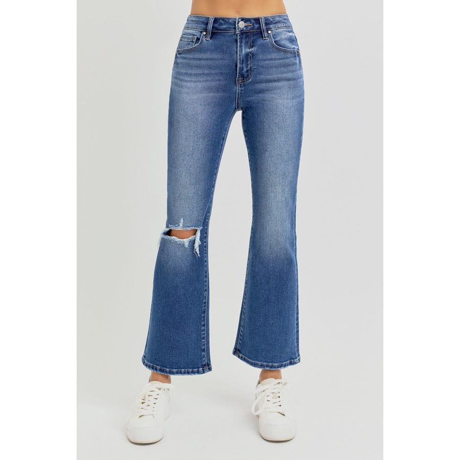 RISEN Full Size Distressed High Rise Crop Flare Jeans Apparel and Accessories