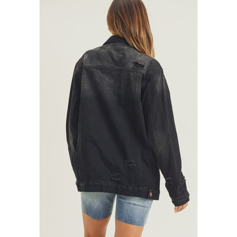 RISEN Full Size Distressed Long Sleeve Denim Jacket Black / S Apparel and Accessories