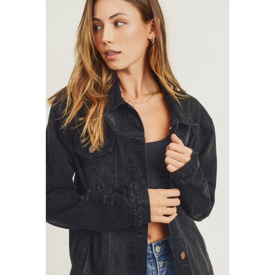 RISEN Full Size Distressed Long Sleeve Denim Jacket Apparel and Accessories