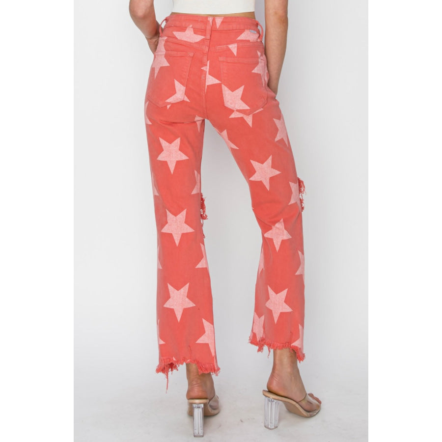 RISEN Full Size Distressed Raw Hem Star Pattern Jeans Apparel and Accessories