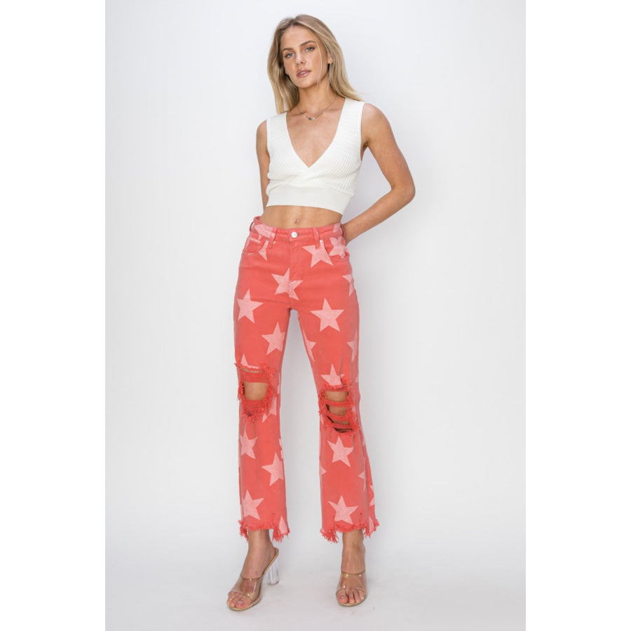 RISEN Full Size Distressed Raw Hem Star Pattern Jeans Apparel and Accessories