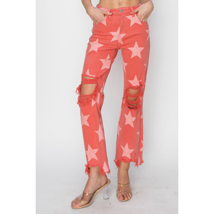 RISEN Full Size Distressed Raw Hem Star Pattern Jeans Apparel and Accessories