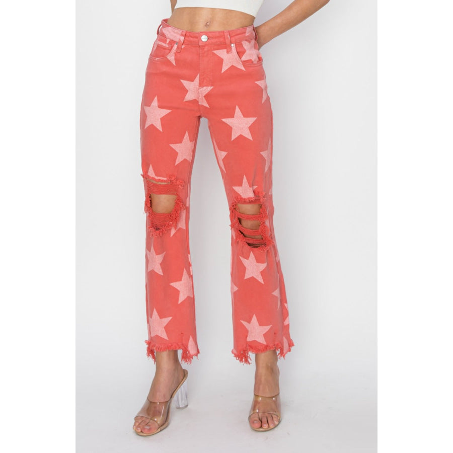 RISEN Full Size Distressed Raw Hem Star Pattern Jeans Peach Blossom / Apparel and Accessories