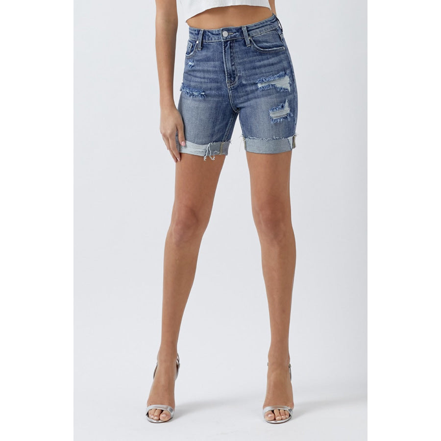 RISEN Full Size Distressed Rolled Denim Shorts with Pockets Apparel and Accessories