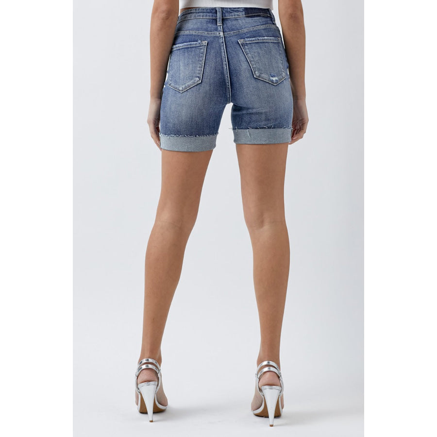 RISEN Full Size Distressed Rolled Denim Shorts with Pockets Apparel and Accessories