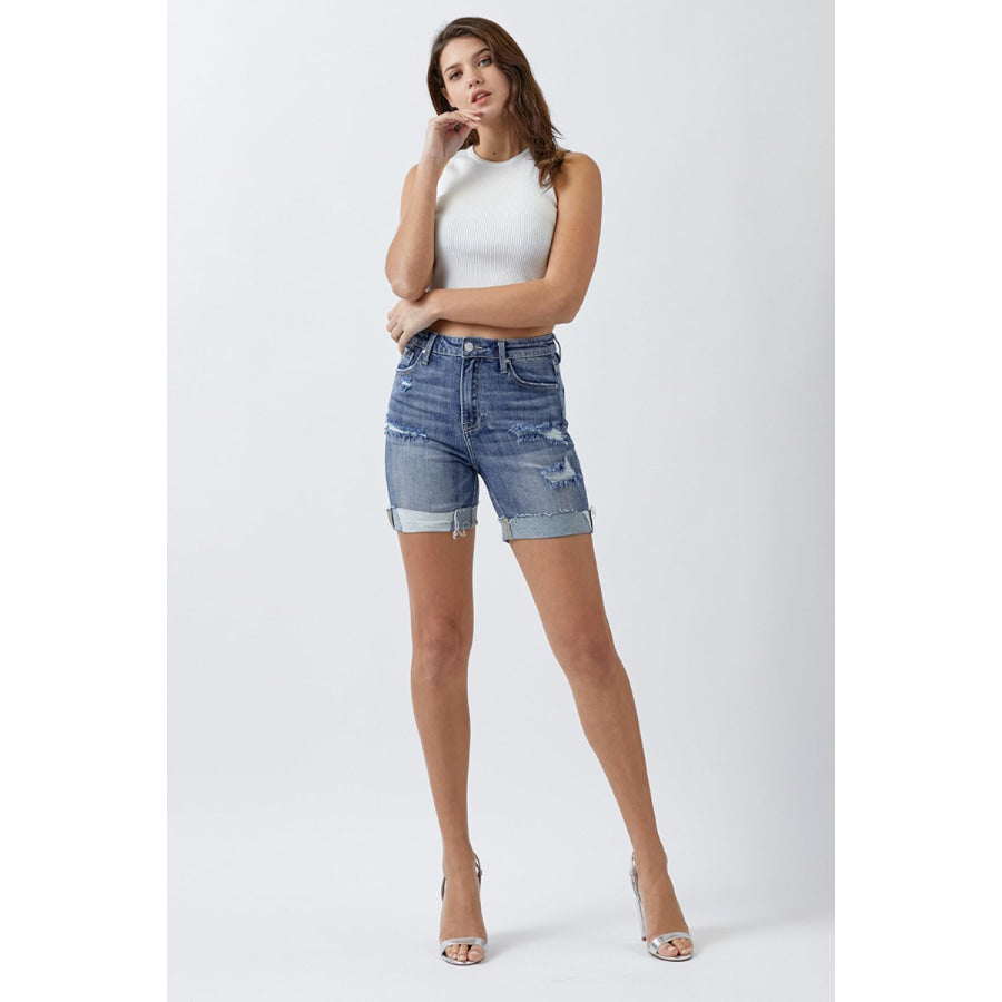 RISEN Full Size Distressed Rolled Denim Shorts with Pockets Apparel and Accessories