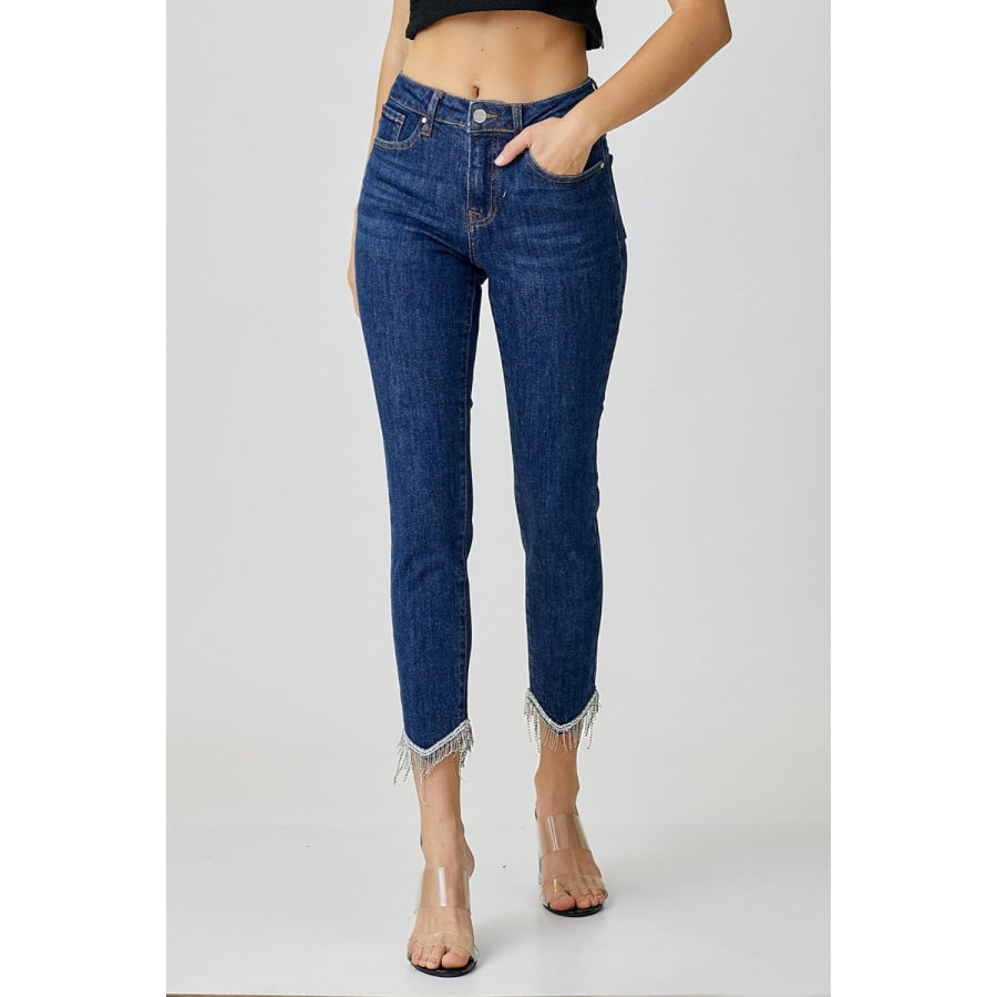 RISEN Full Size Embellished Mid Rise Crop Skinny Jeans Apparel and Accessories