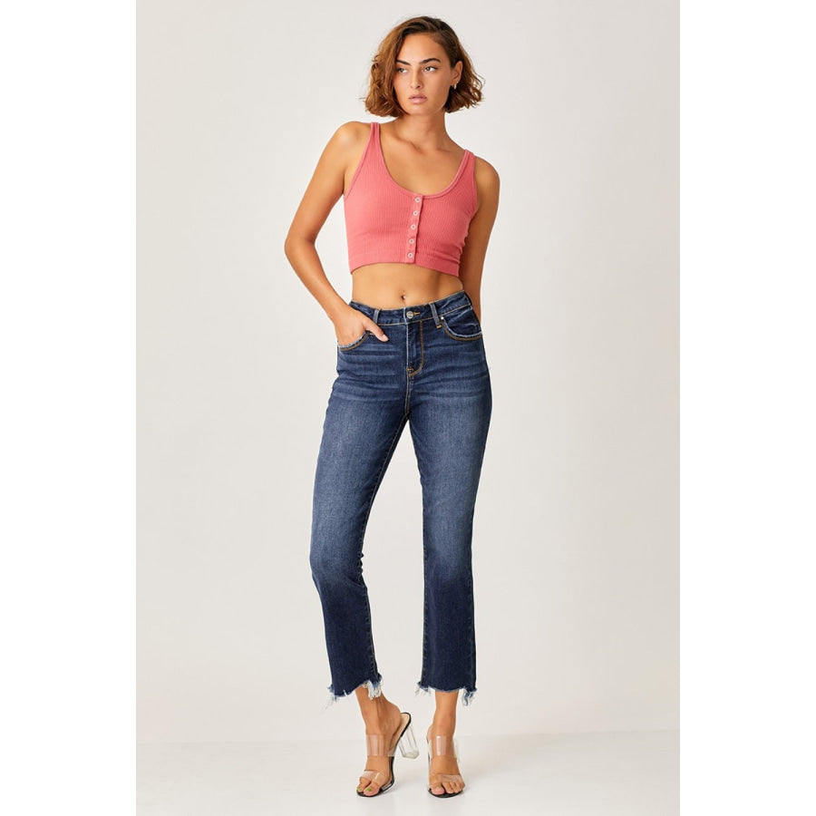 Risen Full Size Frayed Hem Cropped Straight Jeans Apparel and Accessories