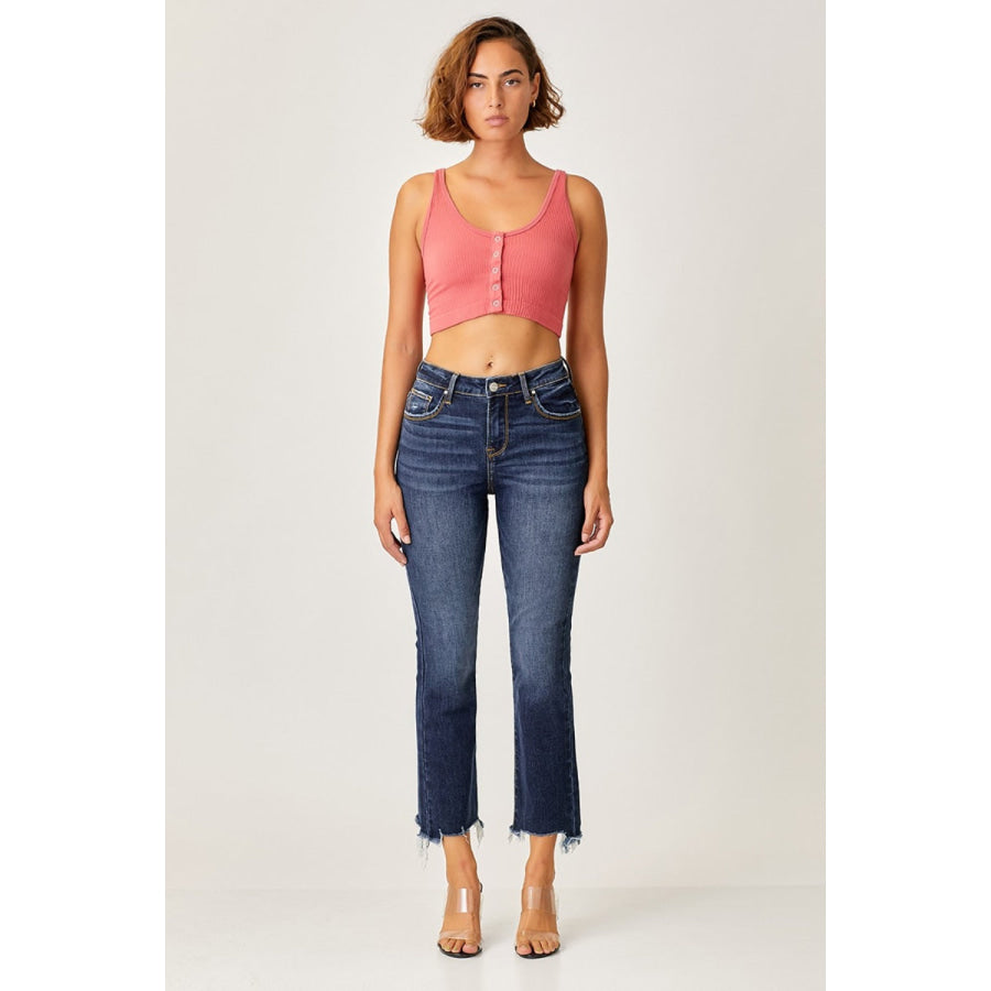 Risen Full Size Frayed Hem Cropped Straight Jeans Apparel and Accessories