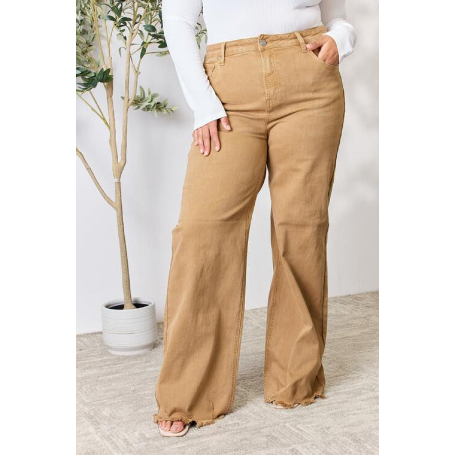 RISEN Full Size Fringe Hem Wide Leg Jeans MOCHA