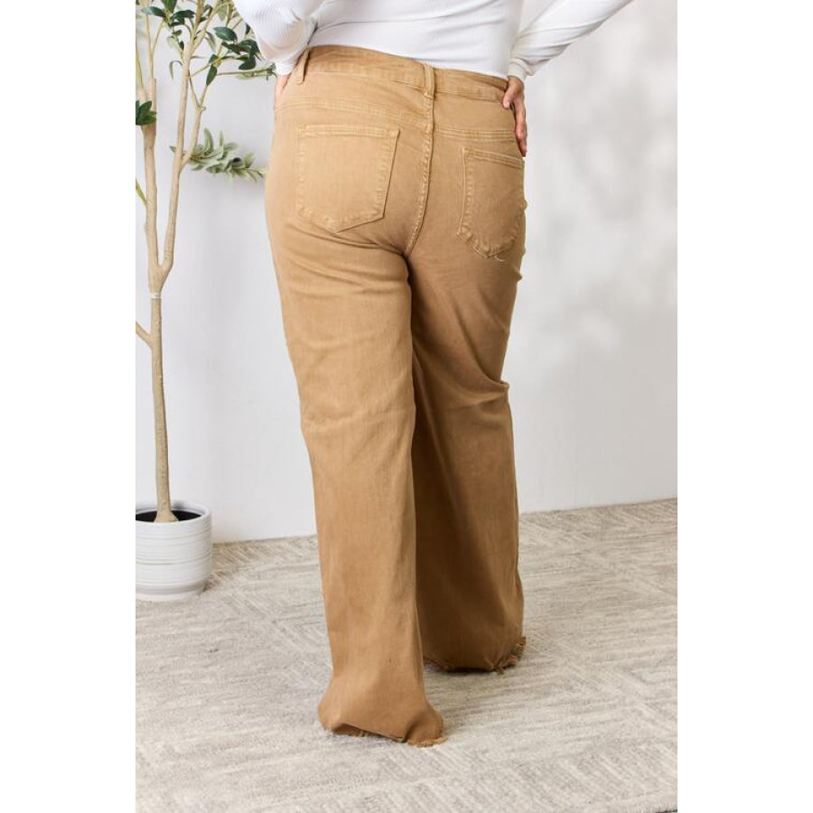 RISEN Full Size Fringe Hem Wide Leg Jeans MOCHA