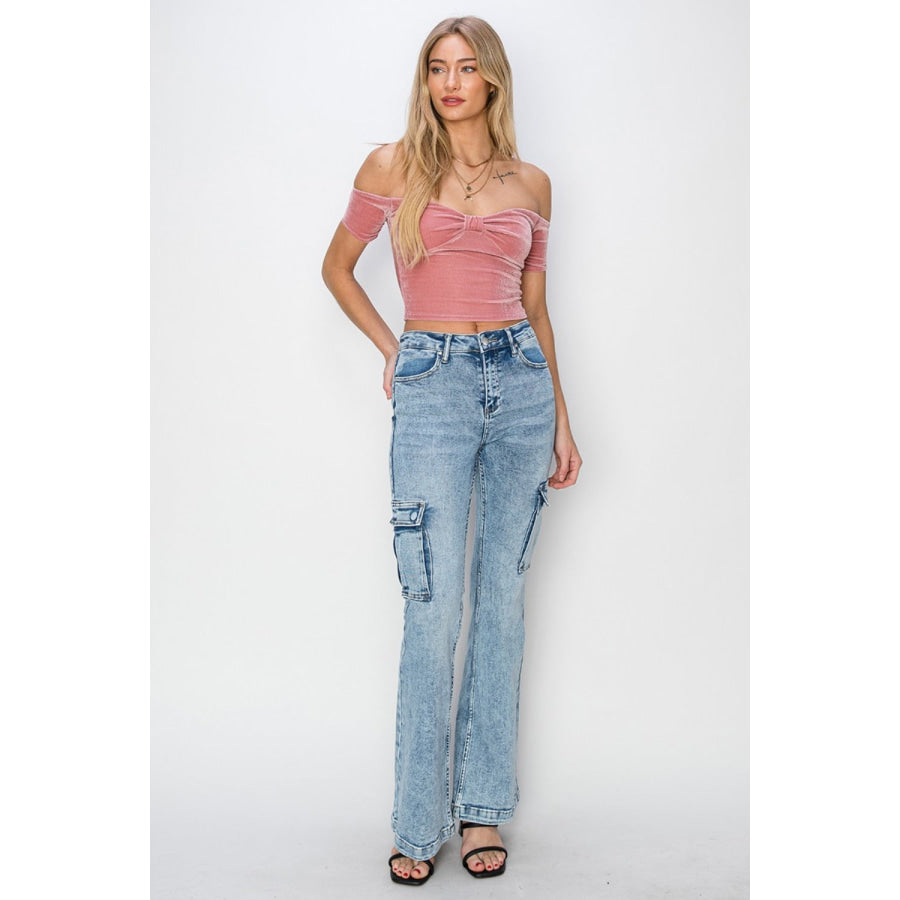 RISEN Full Size High Rise Cargo Flare Jeans Apparel and Accessories