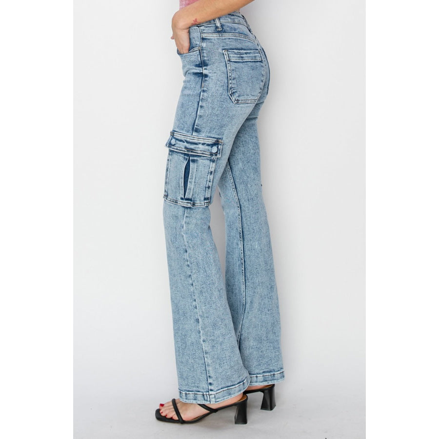 RISEN Full Size High Rise Cargo Flare Jeans Apparel and Accessories