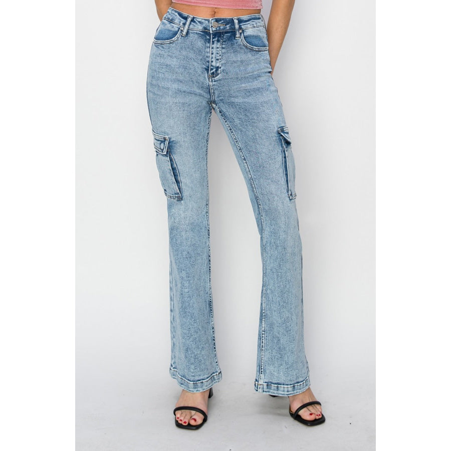 RISEN Full Size High Rise Cargo Flare Jeans Apparel and Accessories