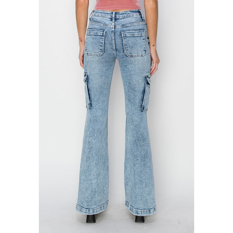 RISEN Full Size High Rise Cargo Flare Jeans Apparel and Accessories