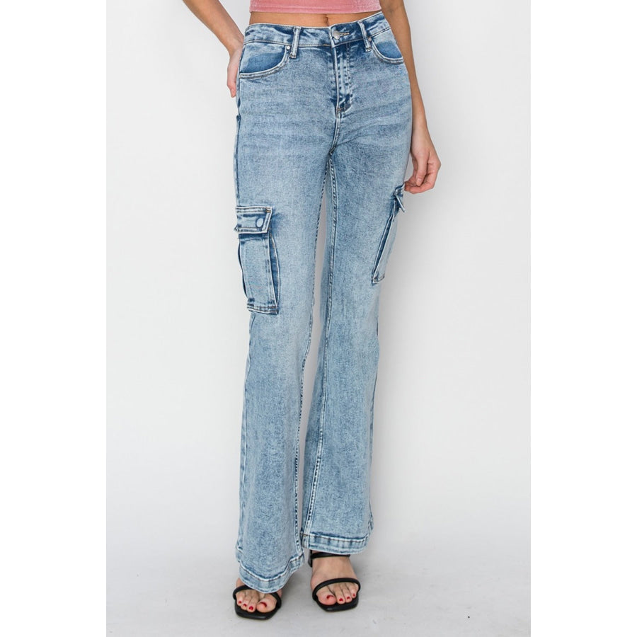 RISEN Full Size High Rise Cargo Flare Jeans Apparel and Accessories