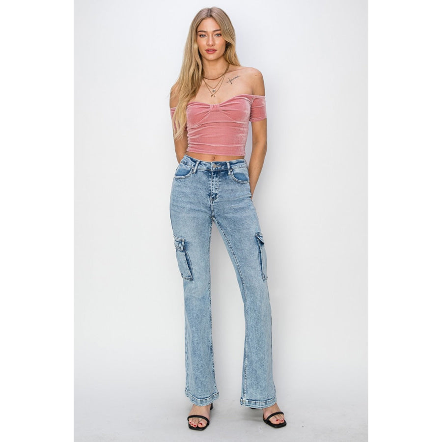 RISEN Full Size High Rise Cargo Flare Jeans Apparel and Accessories