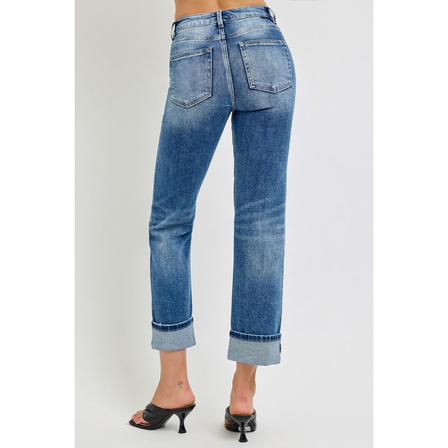 RISEN Full Size High Rise Crop Straight Roll Up Jeans Apparel and Accessories