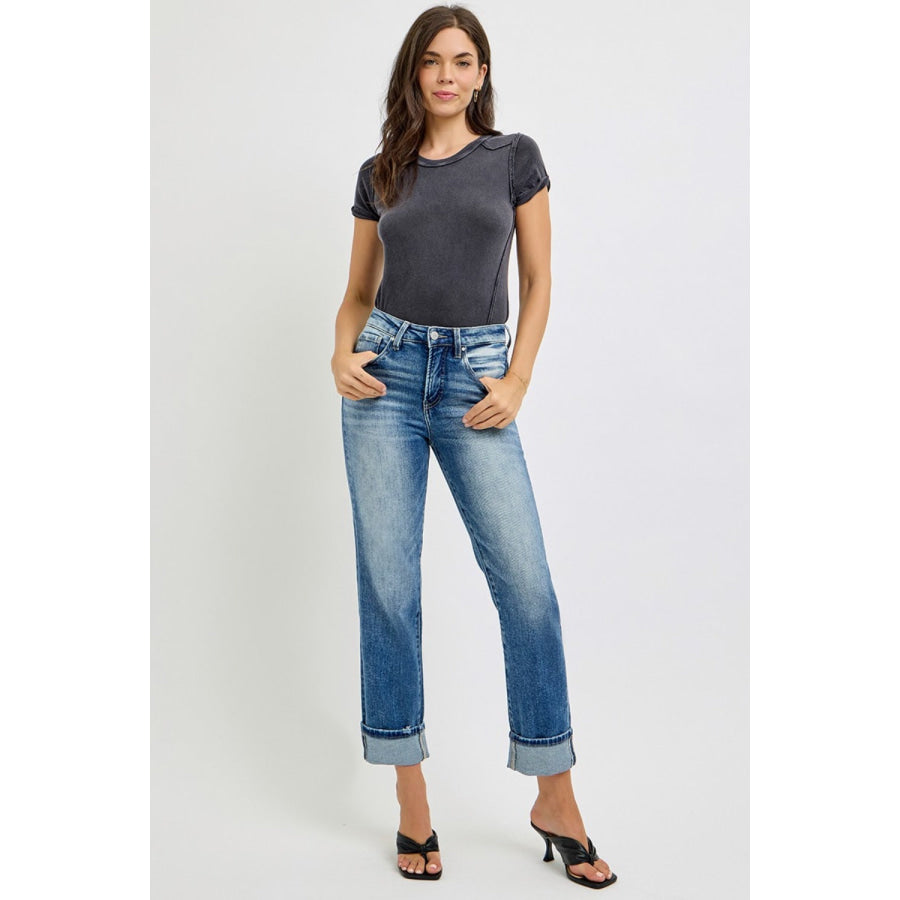 RISEN Full Size High Rise Crop Straight Roll Up Jeans Apparel and Accessories