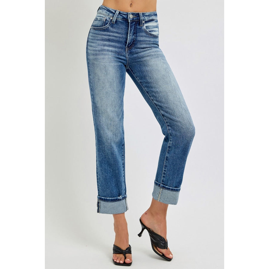 RISEN Full Size High Rise Crop Straight Roll Up Jeans Apparel and Accessories