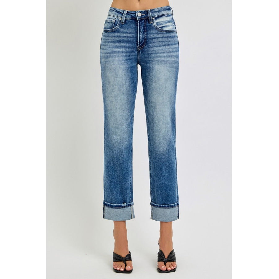 RISEN Full Size High Rise Crop Straight Roll Up Jeans Apparel and Accessories