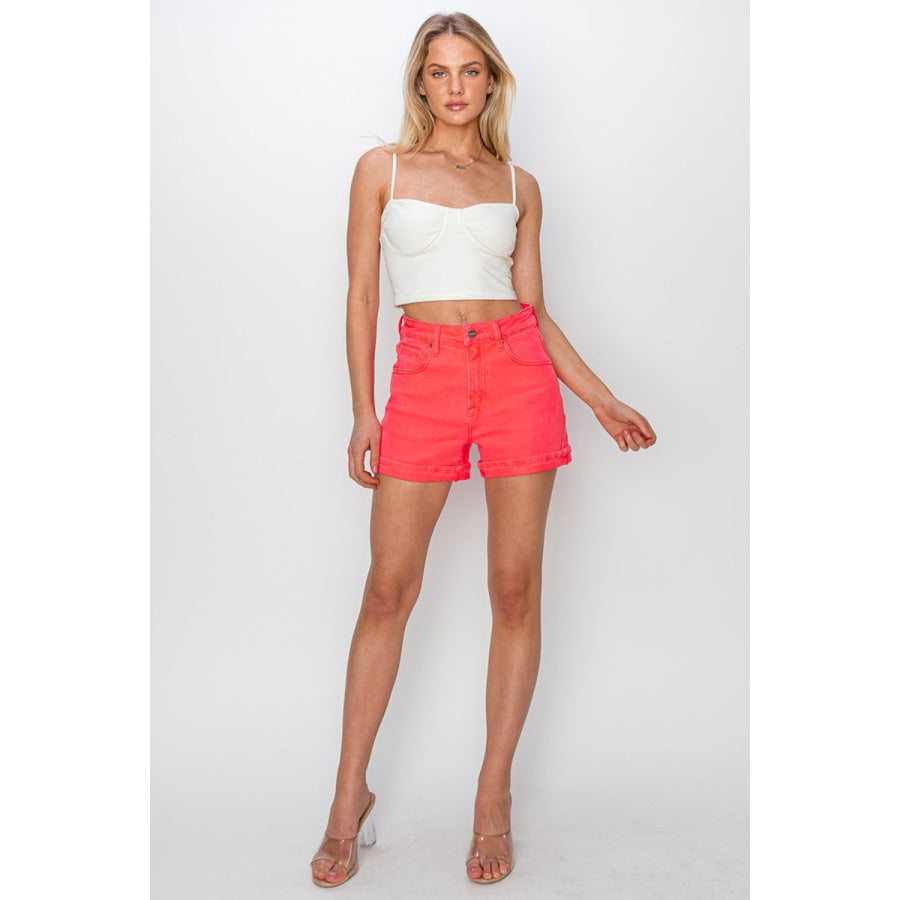 RISEN Full Size High Rise Cuffed Denim Shorts Apparel and Accessories