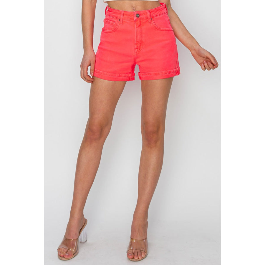 RISEN Full Size High Rise Cuffed Denim Shorts Coral / S Apparel and Accessories