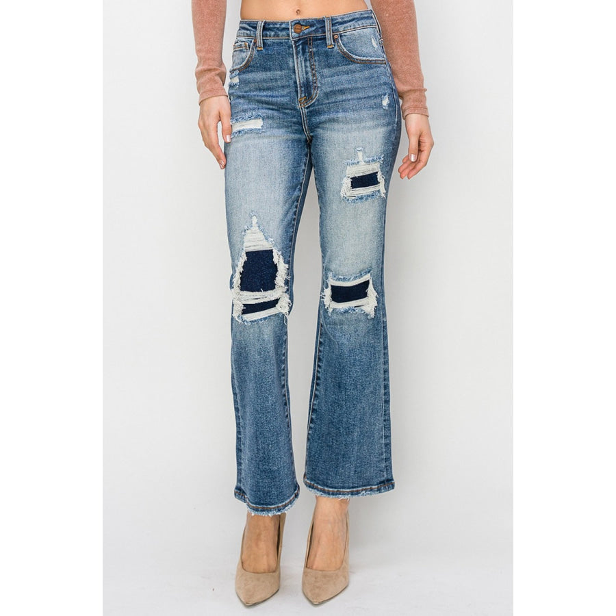 Risen Full Size High Rise Distressed Ankle Flare Jeans Dark / 0(24) Apparel and Accessories