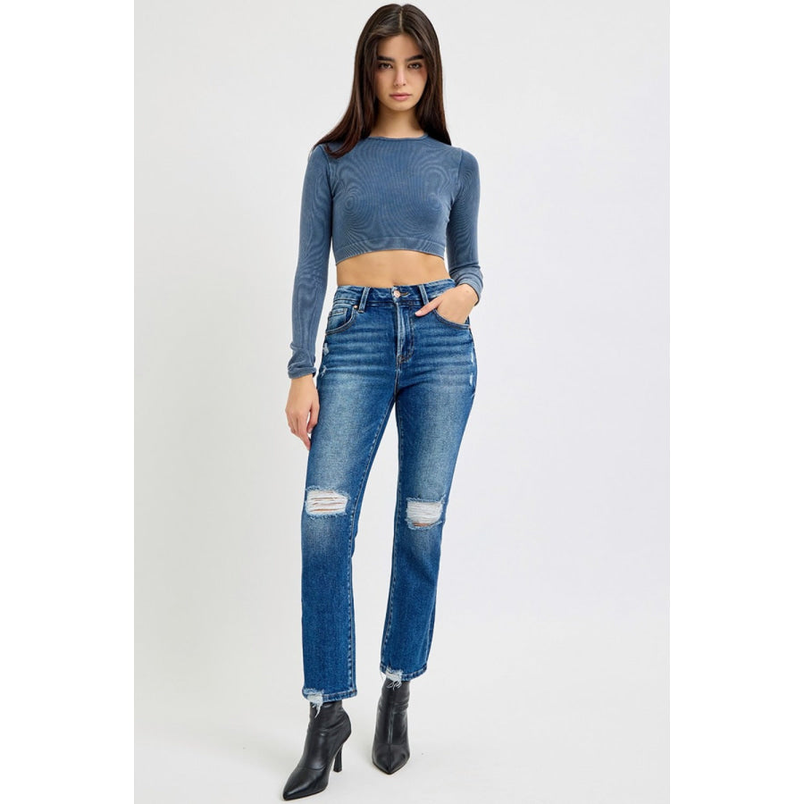 RISEN Full Size High Rise Distressed Crop Straight Jeans Apparel and Accessories