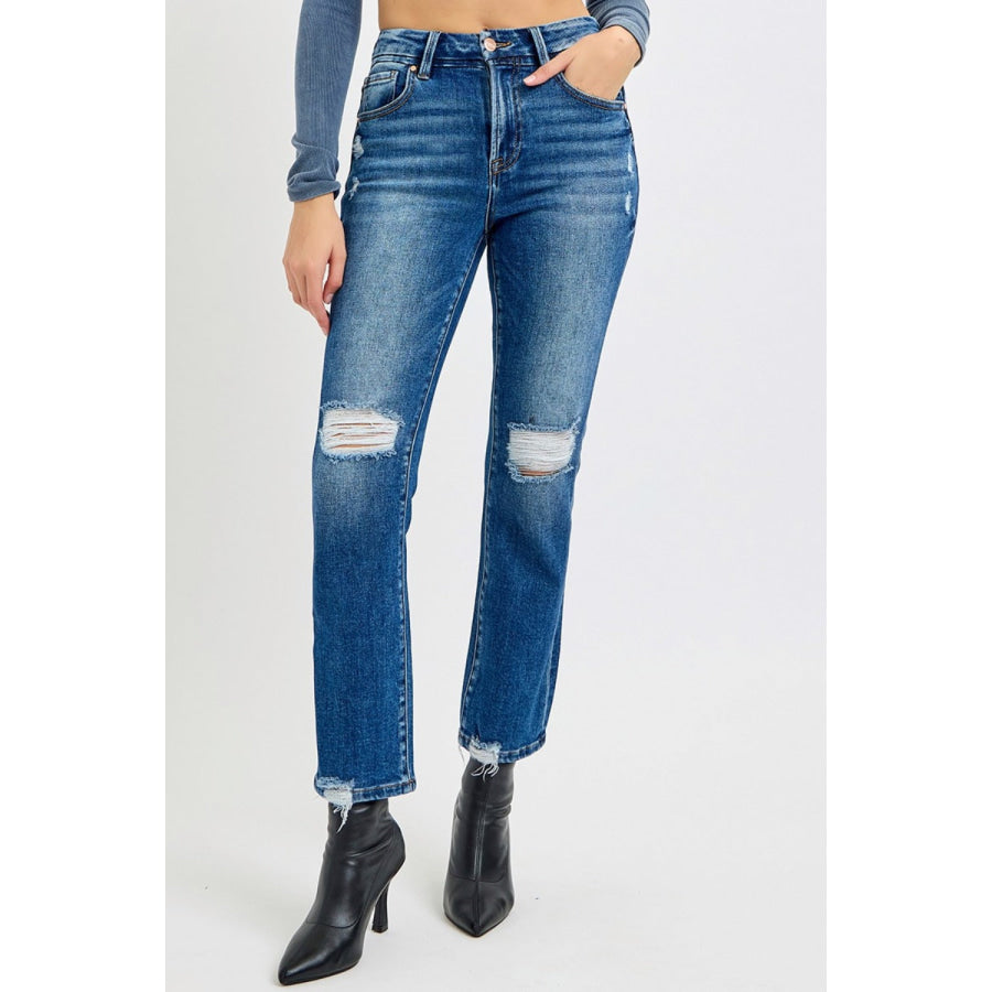 RISEN Full Size High Rise Distressed Crop Straight Jeans Apparel and Accessories