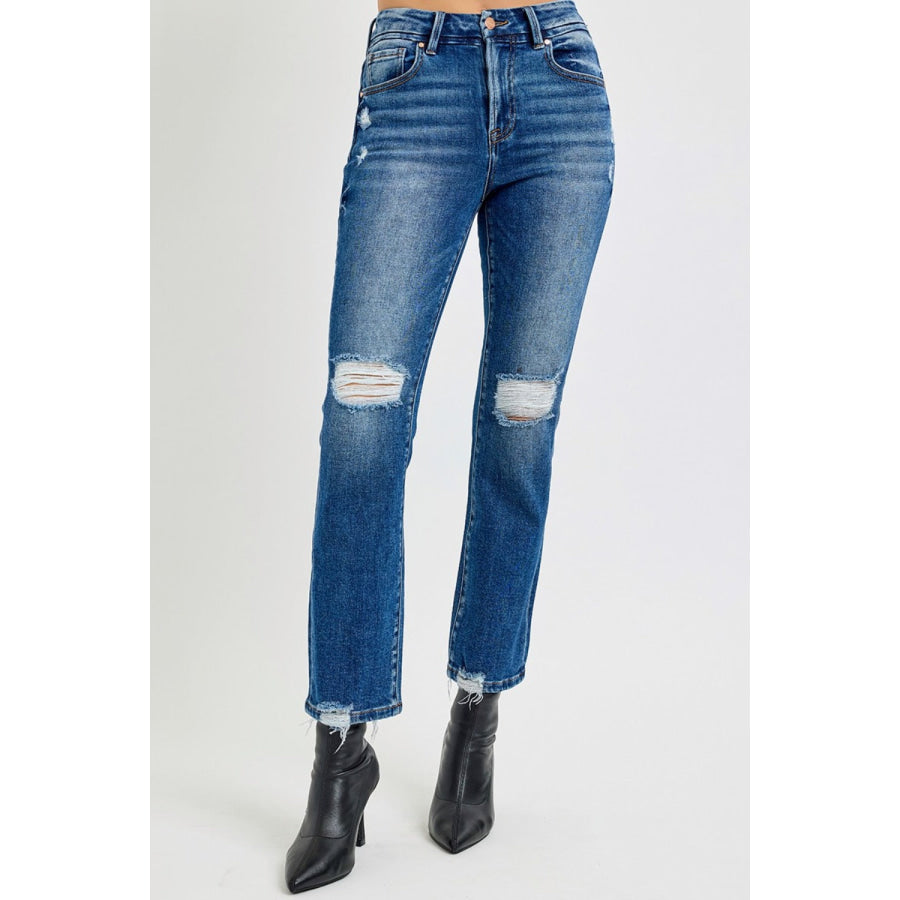 RISEN Full Size High Rise Distressed Crop Straight Jeans Apparel and Accessories