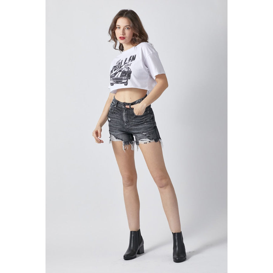 RISEN Full Size High Rise Distressed Denim Shorts Apparel and Accessories