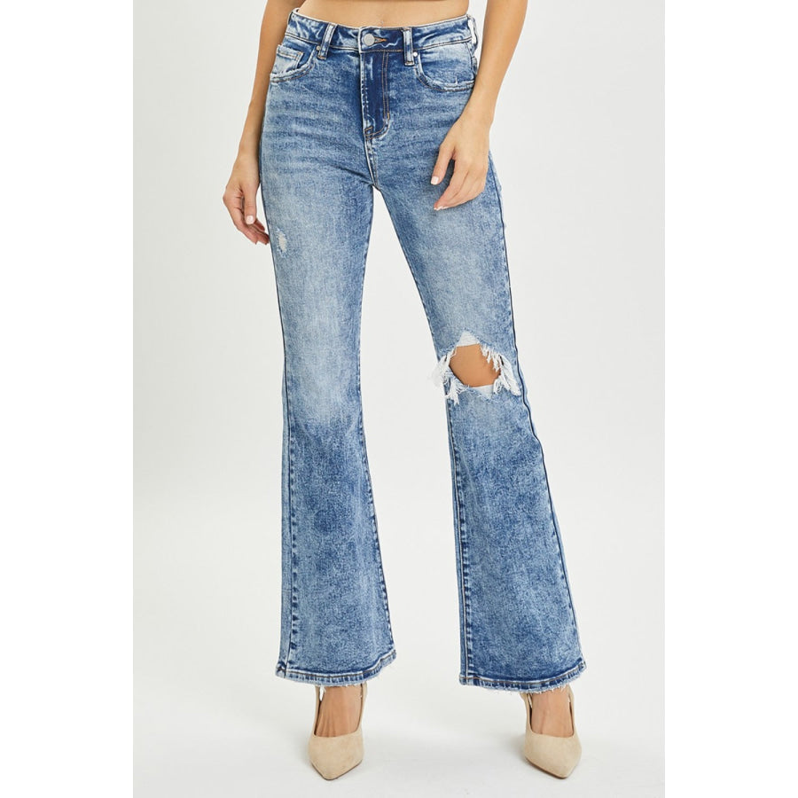 RISEN Full Size High Rise Distressed Flare Jeans Acid Medium / Apparel and Accessories