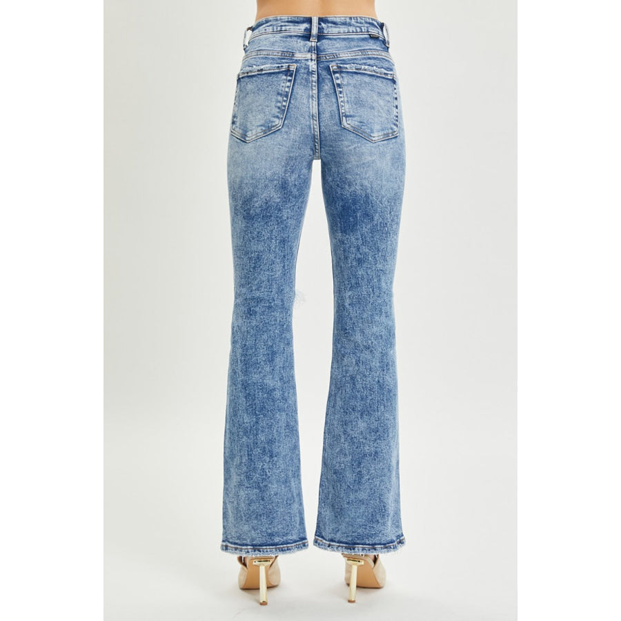 RISEN Full Size High Rise Distressed Flare Jeans Acid Medium / Apparel and Accessories