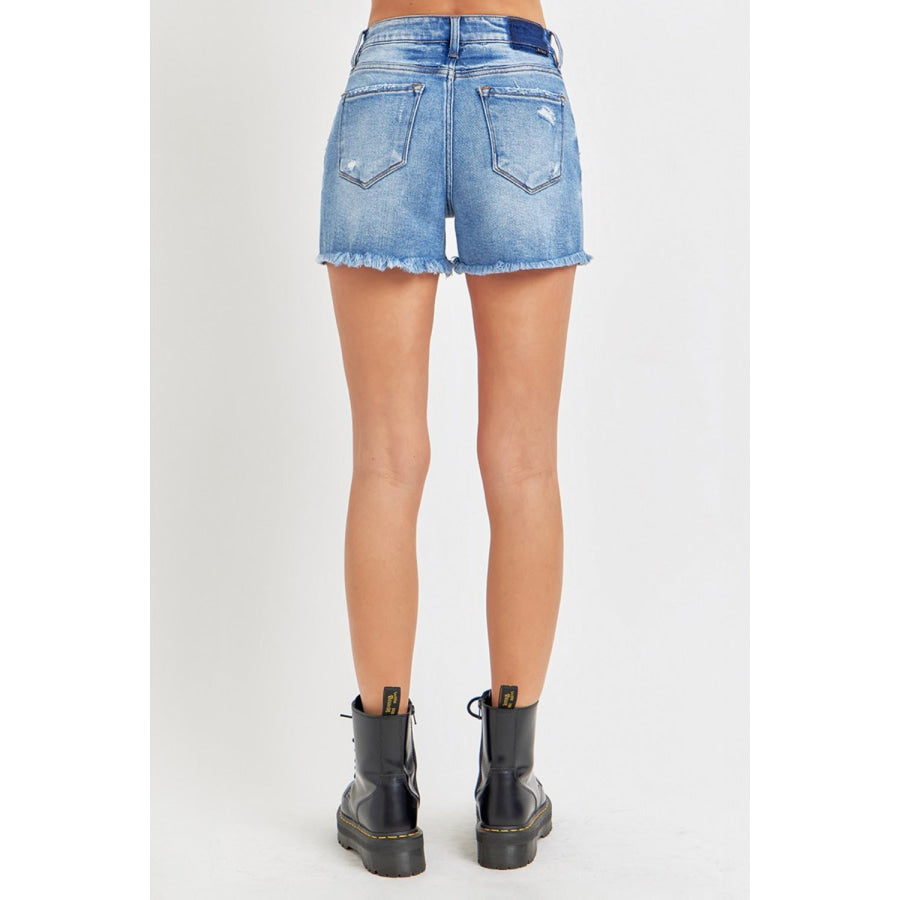 RISEN Full Size High Rise Distressed Raw Hem Denim Shorts Apparel and Accessories