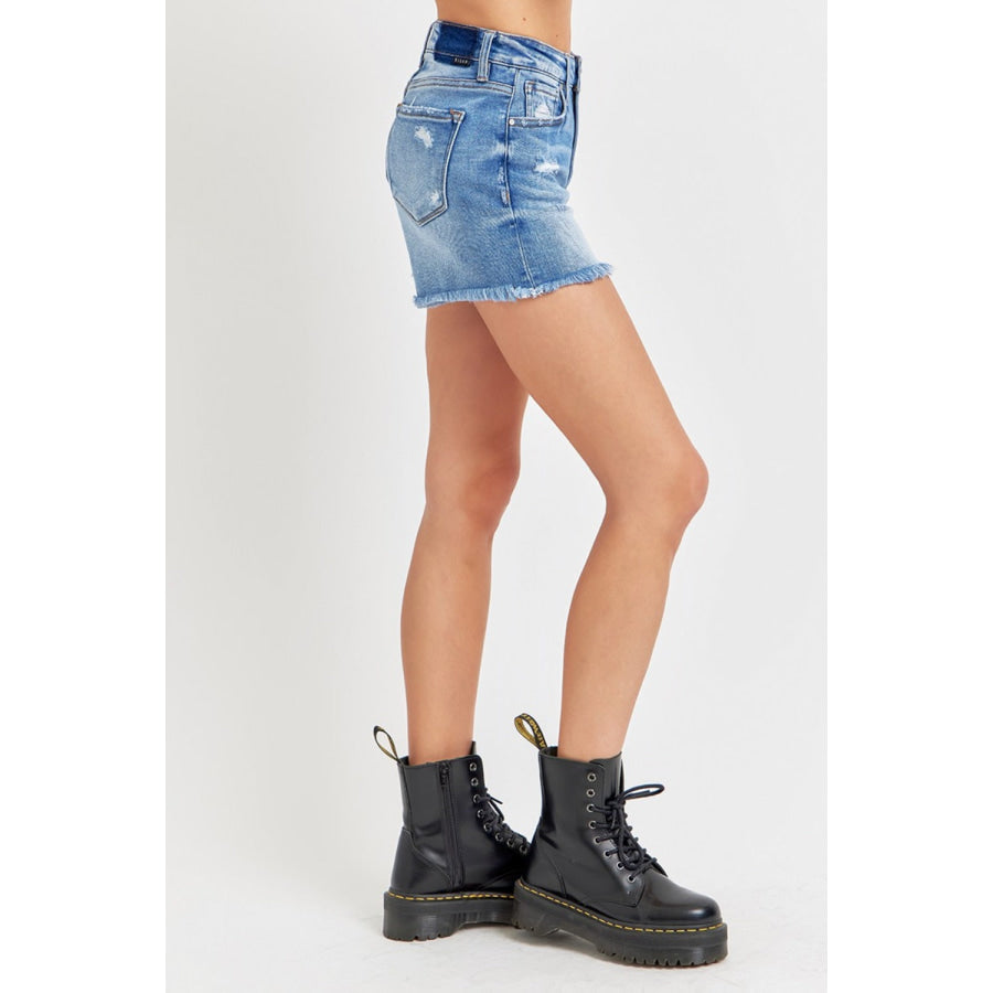 RISEN Full Size High Rise Distressed Raw Hem Denim Shorts Apparel and Accessories