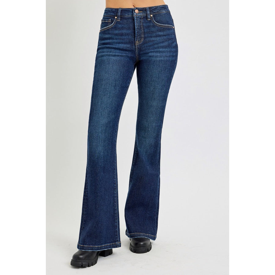 RISEN Full Size High Rise Flare Jeans with Pockets Dark / 0(24) Apparel and Accessories