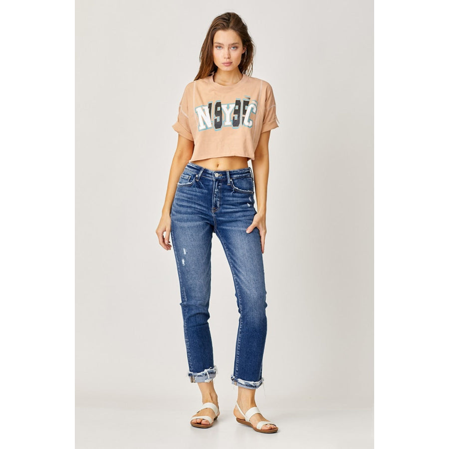 Risen Full Size High-Rise Frayed Cuffed Straight Jeans Apparel and Accessories