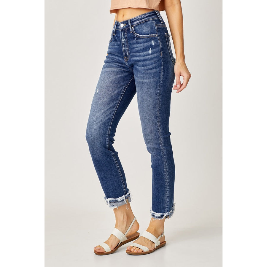 Risen Full Size High-Rise Frayed Cuffed Straight Jeans Apparel and Accessories