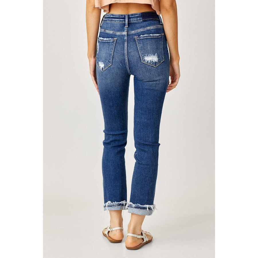 Risen Full Size High-Rise Frayed Cuffed Straight Jeans Apparel and Accessories