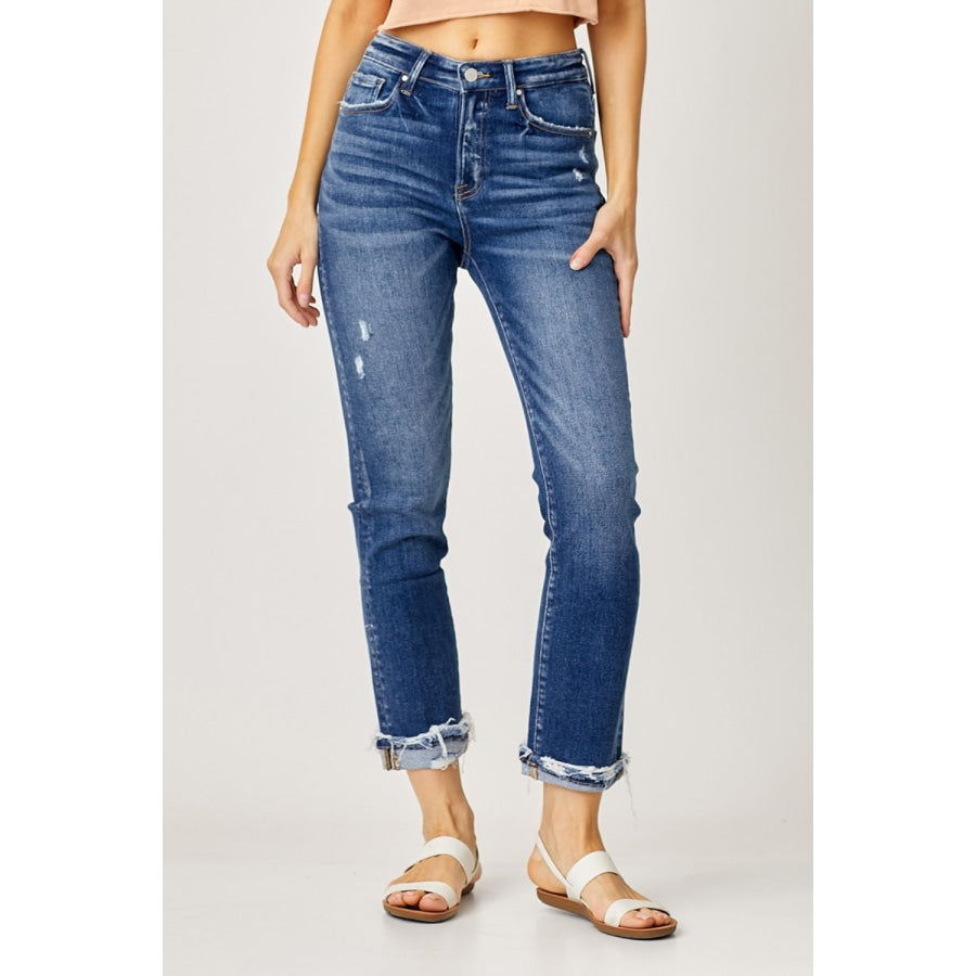 Risen Full Size High-Rise Frayed Cuffed Straight Jeans Apparel and Accessories