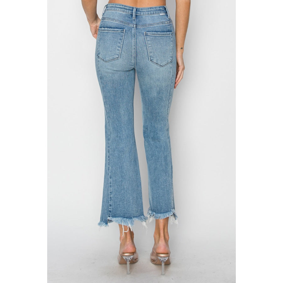 RISEN Full Size High Rise Frayed Hem Flare Jeans Light / Apparel and Accessories