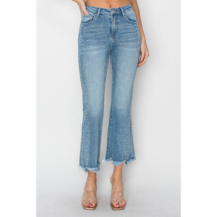 RISEN Full Size High Rise Frayed Hem Flare Jeans Light / Apparel and Accessories