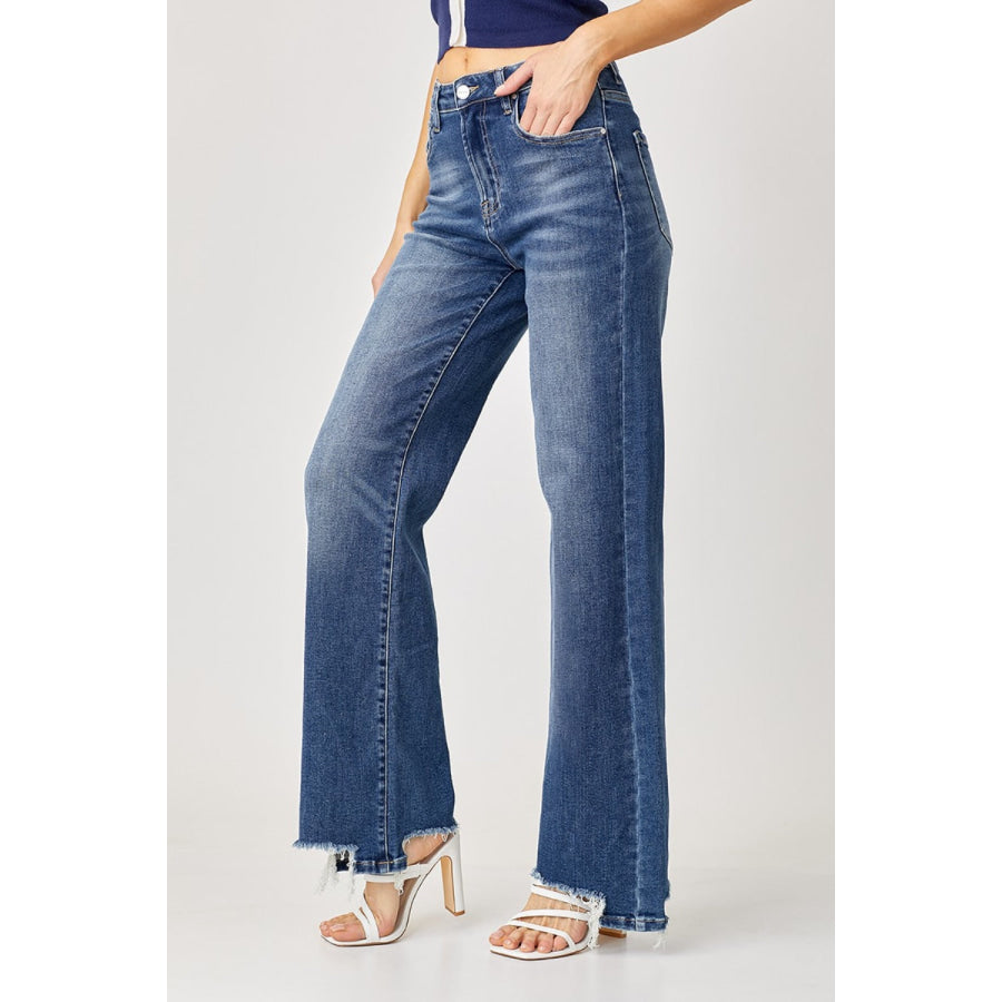 Risen Full Size High Rise Frayed Hem Wide Leg Jeans Apparel and Accessories